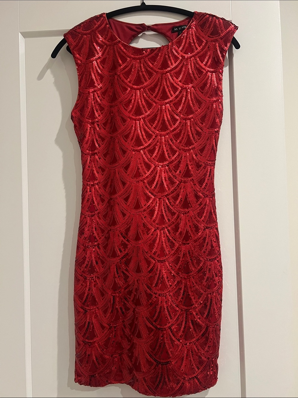 As U Wish Red Scalloped Sequin Sheath Dress